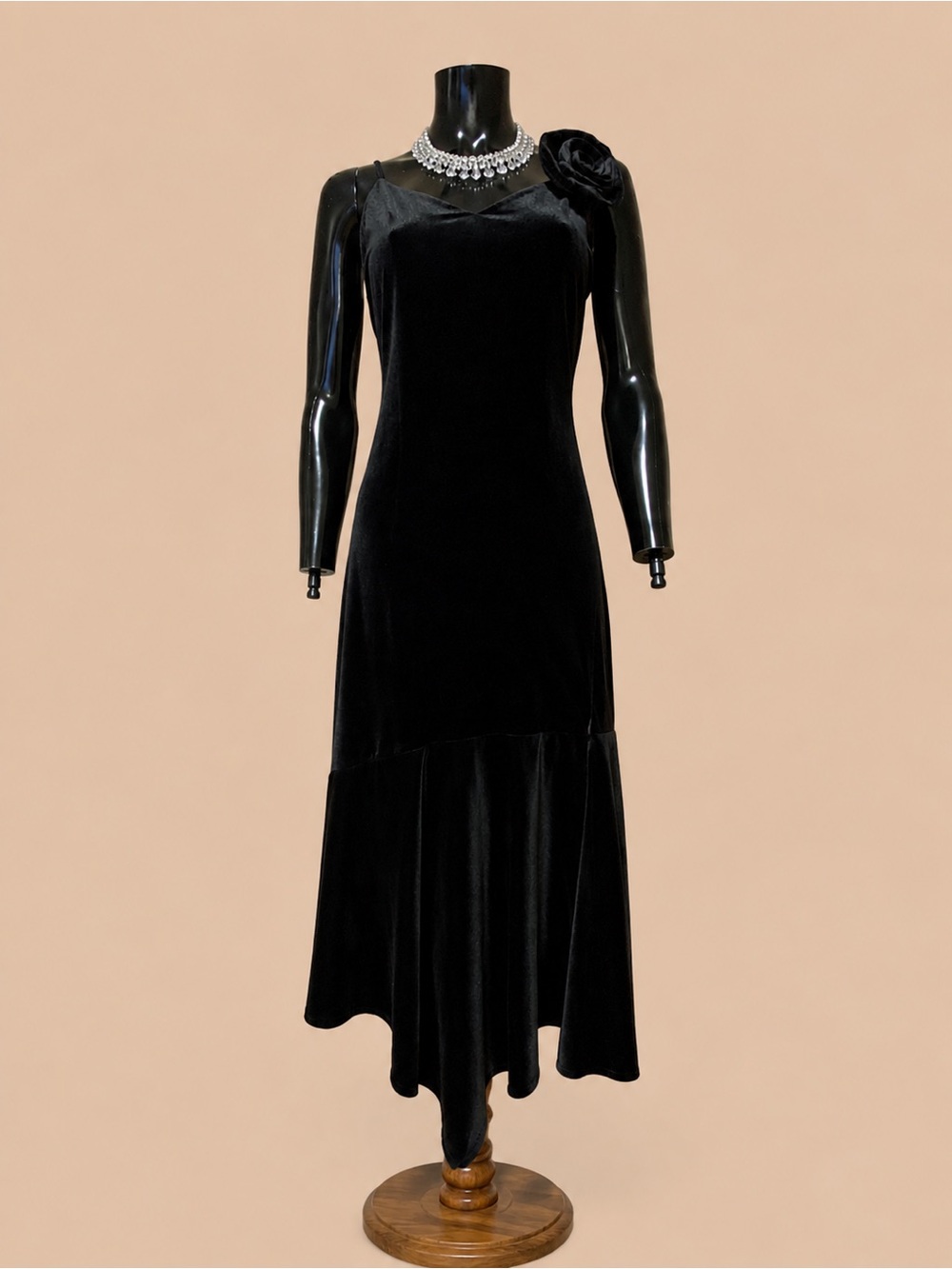 Betsey Johnson Black Velvet Long-Sleeve Dress with Shoulder Rosette NWT